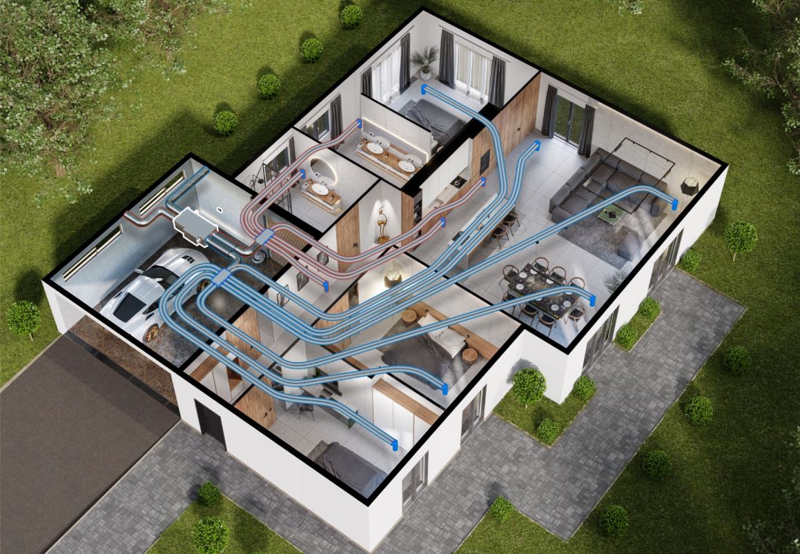 Schéma inštalácie rekuperačného rozvodu v rodinnom dome